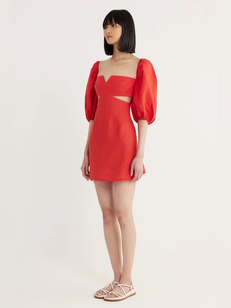 Nwt Rumer Orange Freya Linen Mini Dress Tuscany Red Puffer Cut Outs Archive